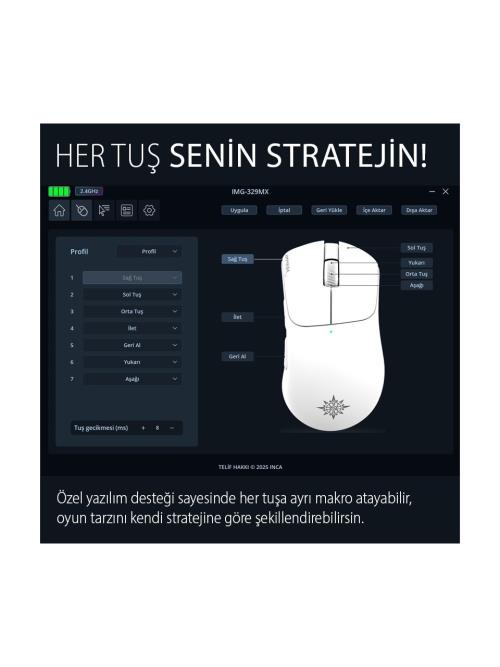 En ucuz INCA IMG-329MX Oyuncu Mouse 12000 Dpı | Rgb, Laser Sensör, 6d Tuş, Kablosuz Kablolu, Type-C Şarj